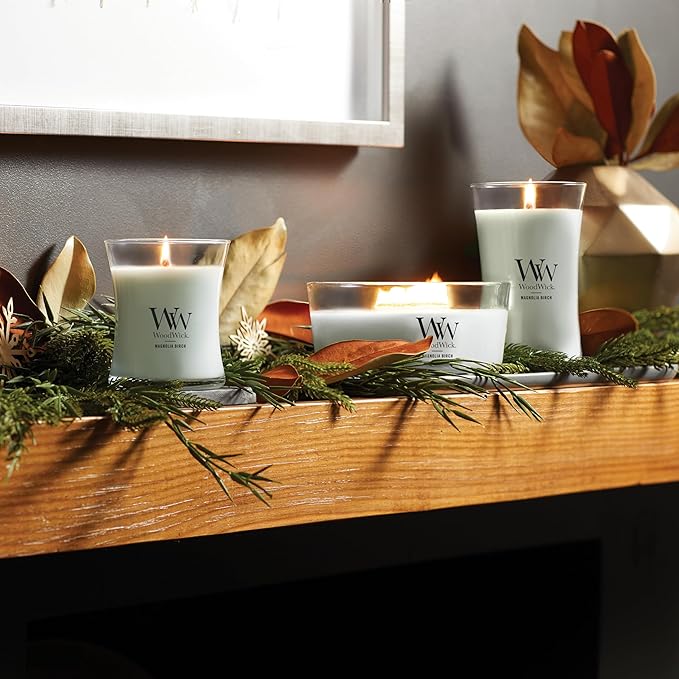WoodWick Magnolia Birch Holiday Candle Gifts for Women and Men, 16 oz Ellipse Candle with Crackling Wick