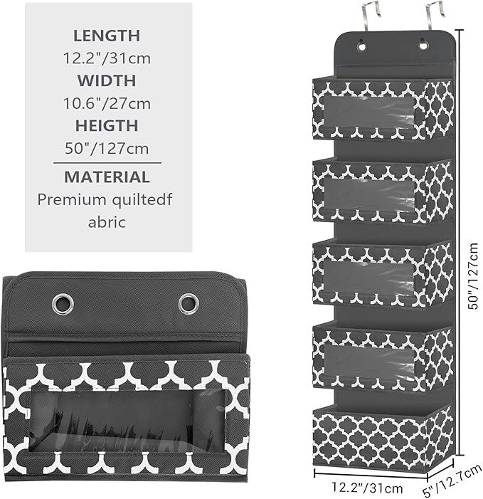 Over The Door Hanging Organizer with 5 Large Pockets - Wall Mount Pantry Storage with Clear PVC Window & 2 Big Metal Hooks for Closet,Bathroom,Nursery,Bedroom,Dorm,Baby Diapers,Kids Toys (Dark Gray)
