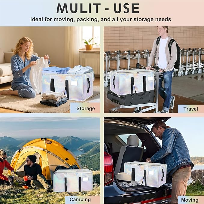 8 Pack-Extra Large Heavy Duty Moving Bags - Waterproof Storage Totes with Handles & Zippers, Foldable for College Dorm, Storage (Shiny Color)