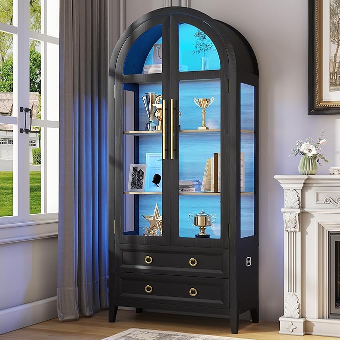 LVSOMT 71" Tall Arched Storage Cabinet with Glass Doors and Drawers, Curio Display Cabinet with Adjustable LED Light & Human Sensor, 4-Tier China Cabinet for Living Room(Black+Wood)