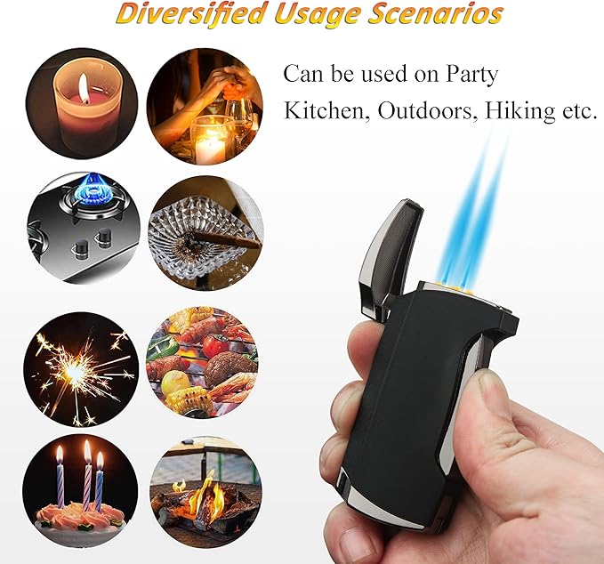 Metal Lighter Double Jet Flame Lighter refillable Gas lighters with Punch Shipped Without Gas (Black Crackle)