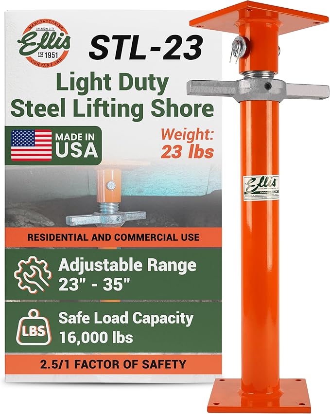 Ellis Manufacturing Light-Duty Steel Construction Jack - Adjustable Screw Jack Post for Floor Leveling, Beams, and Concrete - 16,000 lb Load Capacity - 23"-35" Adjustment, House Jacks for Leveling