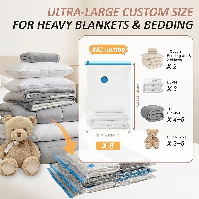 Cozy Essential Vacuum Storage Bags, 80% Compression Vacuum Seal Space Saver Plastic Packaging Bags for Clothes, Blankets, Pillow, Bedding, Comforters, Sealer Clothing Storage,8 XXL Jumbo
