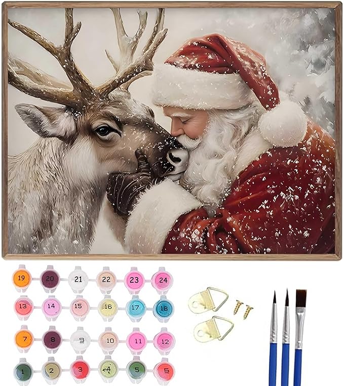 Paint by Number Kit for Adults & Kids, Santa and Reindeer Christmas DIY Painting Kit with Brushes, Paints & Hanging Kit, 16x20 Inch Canvas, Holiday Gift & Home Decor Art Project Unframed