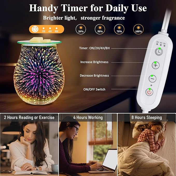 EQUSUPRO Wax Melt Warmer with Timer- Electric 3D Glass Wax Melter Candle Melt Warmer Wax Burner Fragrance Warmer for Scented Candles and Wax Melts to Home Office Gifts & Decor (Fireworks-Dimmer)