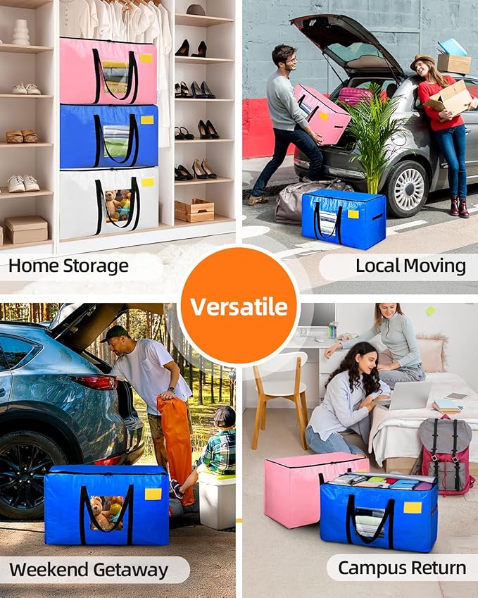 Extra Large Moving Bags, 4 Pack Heavy Duty Storage Bags Boxes Bins Totes with Hnadles Zippers Visible Window for Clothes College Dorm Travel, Blue