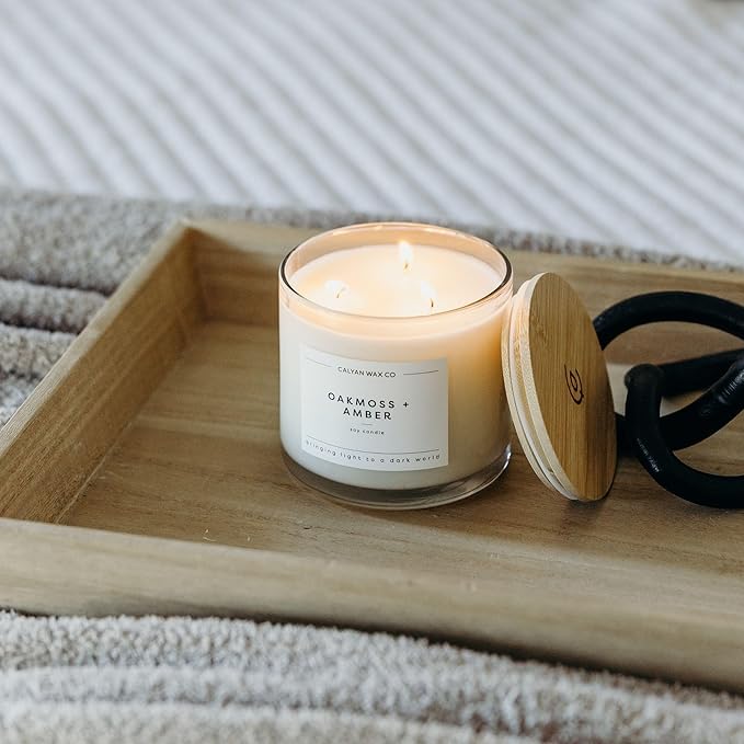 Calyan Wax Co. Oakmoss & Amber 3 Wick Scented Candle - 43 Hour Burn - Luxury 3 Wick Soy Candles - Non Toxic Soy Wax Candles - Long Lasting Large Glass Jar Candle for Home - 14.9oz