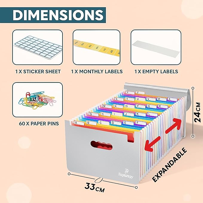 Plastic Accordion File Organizer, 26 Pockets Expandable File Folder Organizer, A4 Letter Size Filing Organizer with Colorful Tabs, Elastic Cord, 60 Paper Clip, Label & Stickers for Office School Home