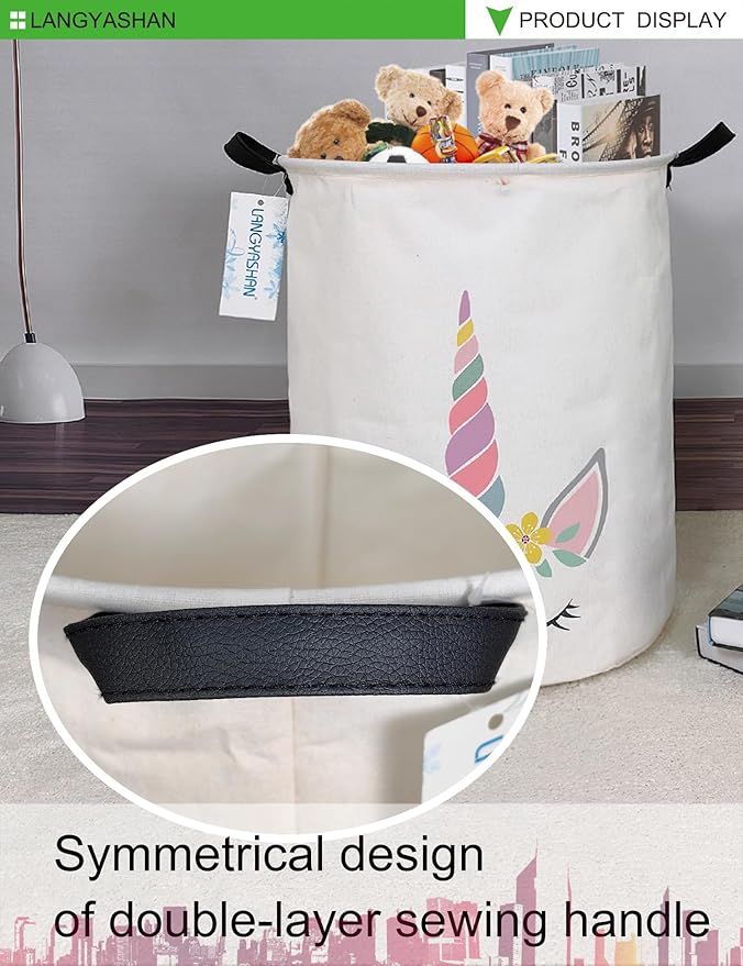 LANGYASHAN Laundry Basket Canvas Fabric Collapsible Organizer Basket for Storage Bin Toy Bins Gift Baskets Bedroom Clothes Children Nursery Hamper (Round Pink Unicorn)