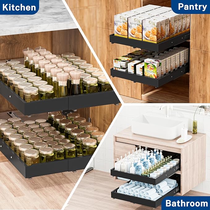Pull Out Cabinet Organizer Expandable (12.4"-20.08")W & (16.26"-22.44")D, Insputer No Drill Slide Out Drawers with 3 Slide Rail, 2Pcs Magnetic Panel, Adhesive Roll Out Shelf for Kitchen, Pantry Black