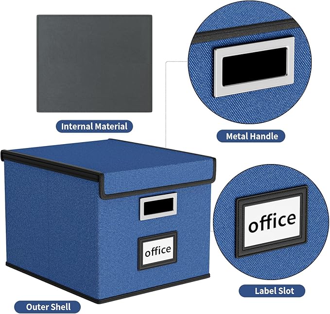 Huolewa File Organizer Box with Lid, Collapsible File Folder Organizer for Office Document Storage, Filing Box with Plastic Slide for Letter Size Hanging File Folders(1 Pack, Royal Blue)
