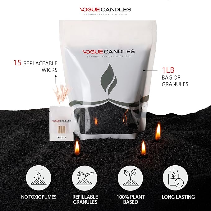 Vogue Candles Granulated Black Wax Refill – 1LB Pearled Candle Sand Wax – Mother’s Day Candle Kit with 15 Cotton Wicks for DIY Home Lighting – Plant-Based & Reusable for Clean Burning & Custom Vessels