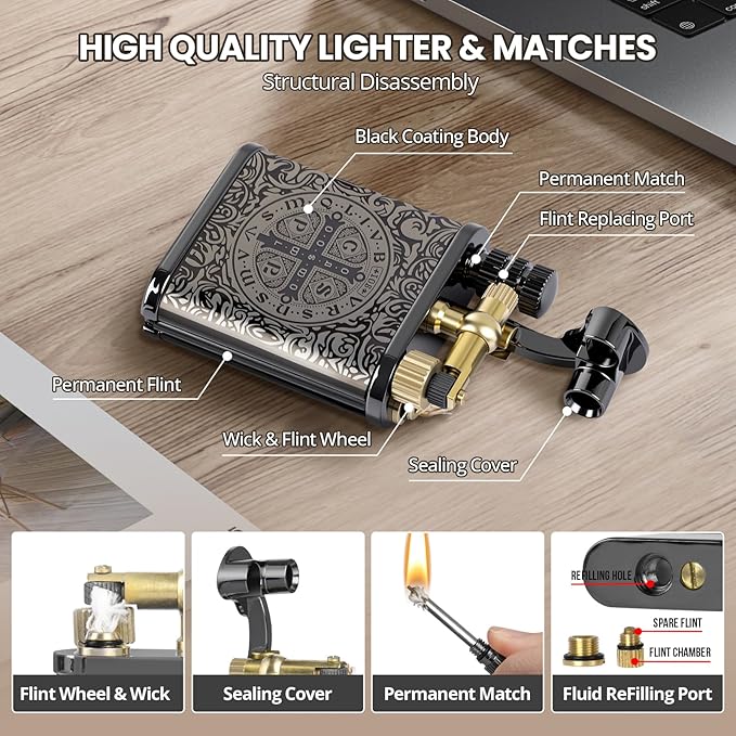CHOICEDC Vintage Trench Lighter, Cool Pipe Lighter, Reusable Permanent Match, Antique Style Lift Arm Kerosene Lighters Fluid Refillable, Forever Match Lighters, Unique Gifts for Men Women, Constantine