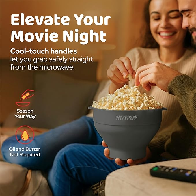 The Original Hotpop Microwave Popcorn Popper, Silicone Popcorn Maker, Collapsible Bowl BPA-Free and Dishwasher Safe- 20 Colors Available (Gray)