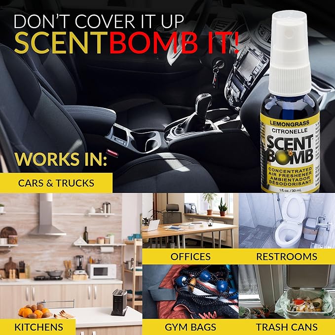 Scent Bomb Air Freshener Spray, Long-Lasting Odor Eliminator - Effective Deodorizer for Home & Car, Fresh Room Spray for Kitchen, Bathroom & Smell Neutralizer - 1 oz Pack of 4, Lemongrass Scent