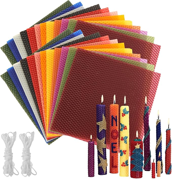 LDHHYH 24pcs 8 x 8 Inch Beeswax Sheets for Candle Making, 12 Bright Colors Beeswax Candle Making Kit for Adults, Wax Honeycomb Sheet with Cotton Wick for DIY Craft Gift