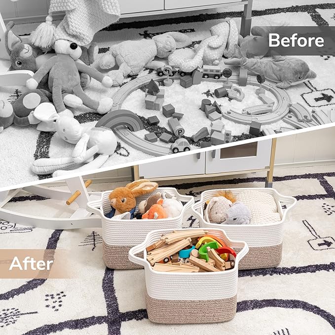 Goodpick Woven Storage Baskets for Organizing, Cotton Rope Organizer for Home Decor, 13"x10"x9" Gift Baskets Empty for Kids, Rectangle Laundry Basket with Handles, White & Camel Mix