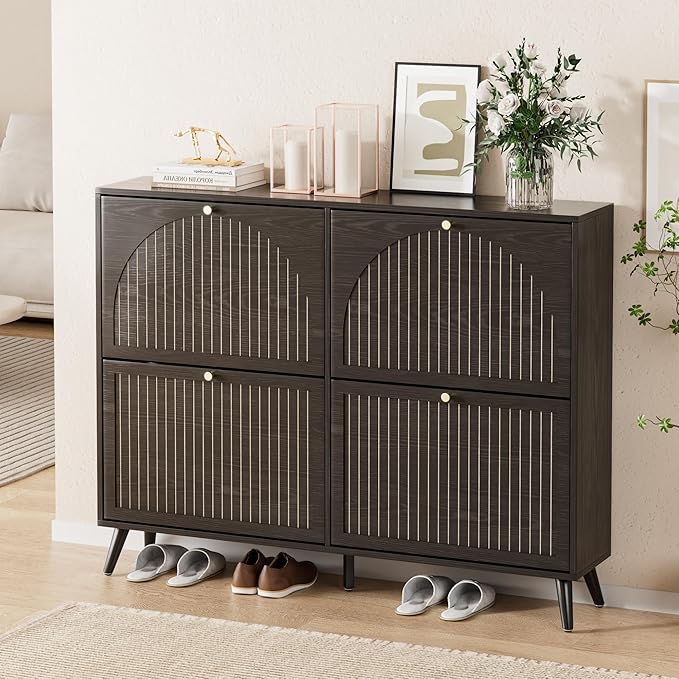 Fsbecl Shoe Storage Cabinet for Entryway with 4 Flip Drawers, Narrow Shoe Organizer with Fluted Panel, Freestanding Wood Hidden Shoe Cabinet (Black, 4 Flip Drawers)