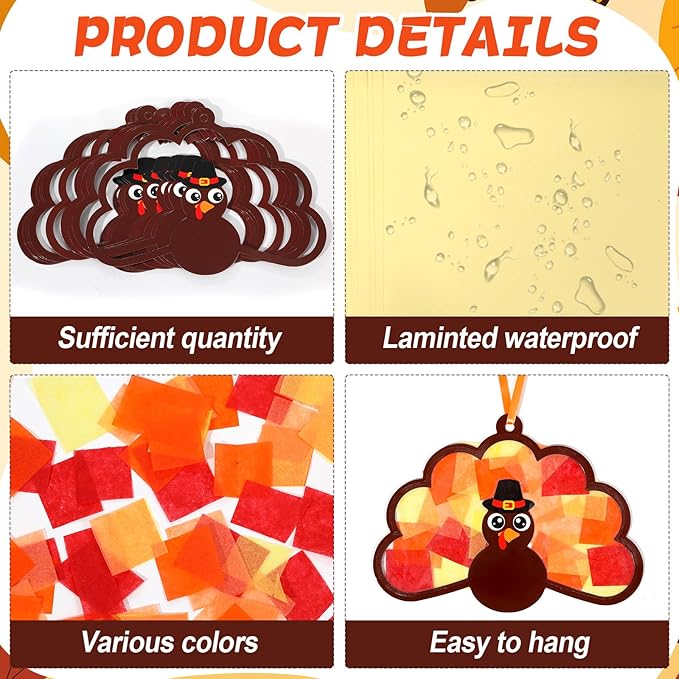 Qyeahkj 36 Set Thanksgiving Turkey Suncatchers Crafts for DIY Fall Window Tissue Paper Craft Kit Autumn Hanging Decor for Harvest Home Activity Art Project Birthday Party Favor Gift