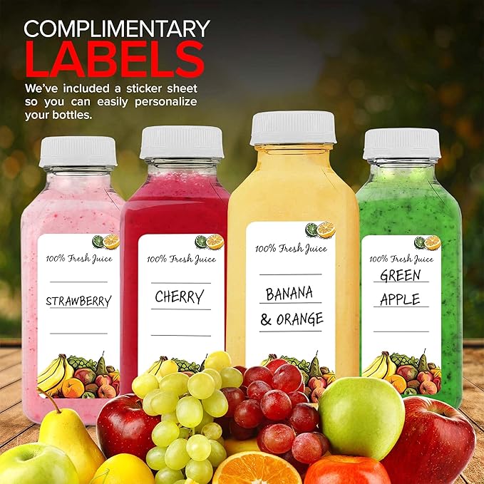 Juice Bottles with Caps for Juicing & Smoothies, Reusable Clear Empty Plastic Bottles with Caps, 12 Ounce Drink Containers for Mini Fridge, Juicer Shots, Small Water Bottles Bulk 12 oz (12 Pack)