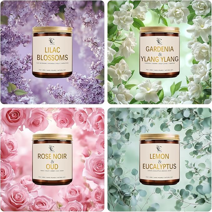 Scented Candles Set, 4Pack Floral Candles, Women Candles Gifts Valentine's Day Gift for Her Long Lasting Soy Wax Candle Non Toxic for Home Decor Aromatherapy, Rose/Lemon/Gardenia/Lilac
