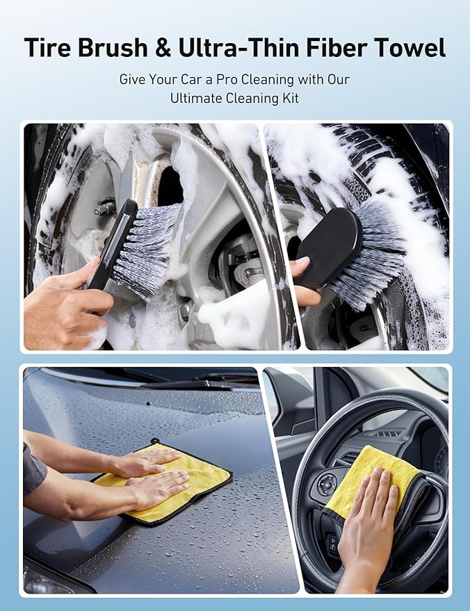 AstroAI 15°Curved Car Wash Brush with 43" Long Handle and 90° Rotating Replaceable Brush Head, Car Wash Kit with Microfiber Towel and Tire Brush for Car, SUV, RV, Floor Cleaning, Yellow