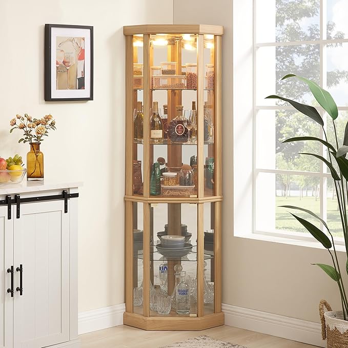 69" H Lighted Curio Cabinet Corner Display Case,Corner Glass Cabinets with Tempered Glass Door and Adjustable Shelves,Wooden Curio Cabinet with Mirrored Back Pane (Style 1 - Light Oak)