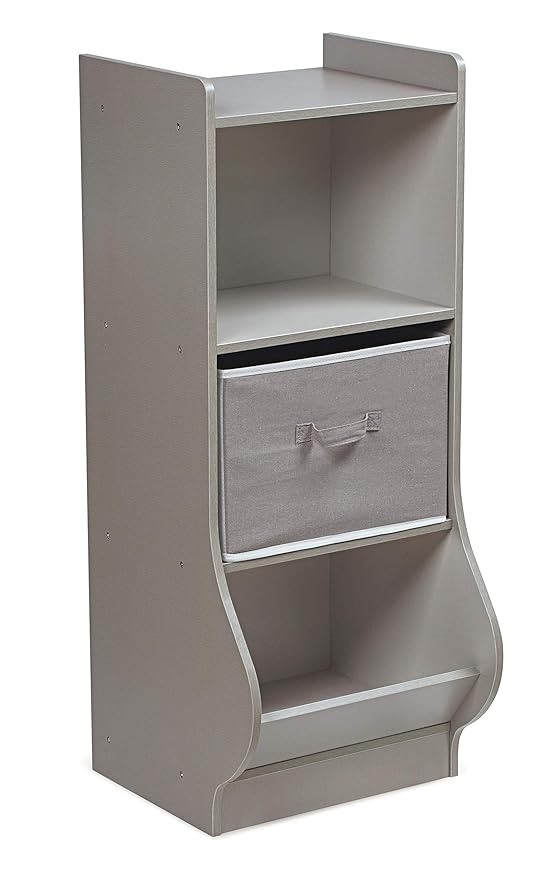 Badger Basket Upright Storage Nook with Reversible Basket - Melamine Surface, 2 Shelves & 1 Angled Bin, Customizable Storage Solution for Kids - Woodgrain Gray