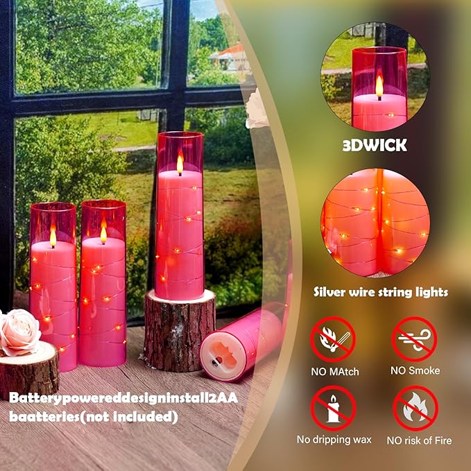 Flameless Candles,with Embedded Star String, Battery Operated Candles Flickering LED Pillar Candles with Remote Control and Timer, Home Decoration Add a Warm and Romantic Atmosphere，Set of 7 (Pink)