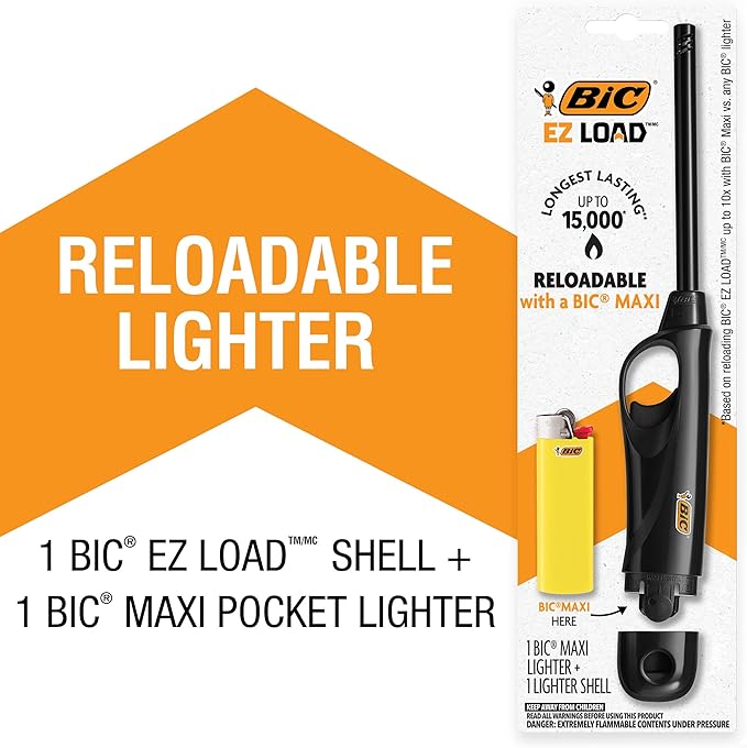 BIC EZ Load Lighters, Long Lasting Reloadable Design, Assorted Colors, Pack with 2 EZ Load Long Lighter Shell and 2 Maxi Pocket Lighters (Colors May Vary)