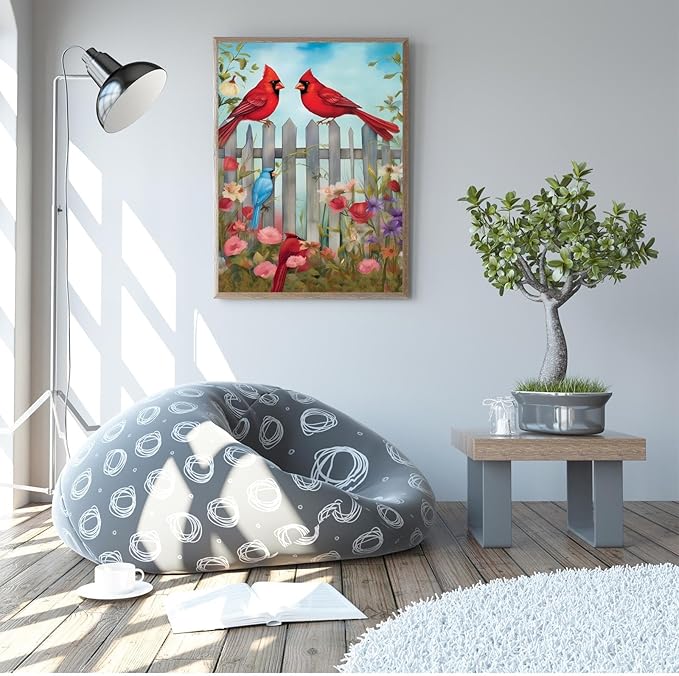 GUAIEUW Fence Red Bird Flowers Diamond Painting Kit for Adults, Full Round Diamond Cardinal Bird 5D Diamond Painting DIY Art Crafts for Winter Home Wall Decor Holiday Gift 20x24 Inch