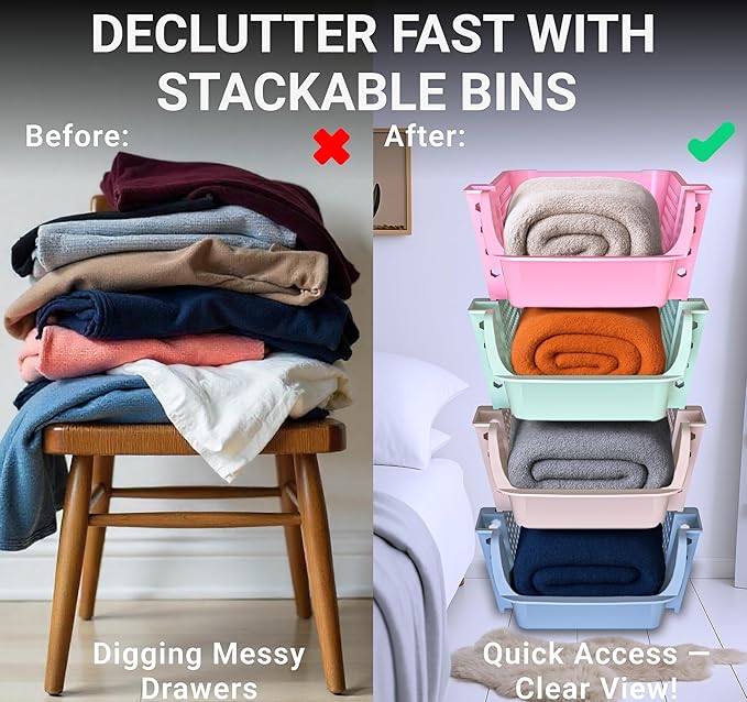 Skywin TidyFriend Stackable Storage Bins for Pantry, 4 Pack Stackable Bins For Organizing Food, Kitchen, and Bathroom Essentials (Multi)