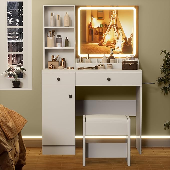 YIKEHOME Women Makeup Vanity Desk with Mirror and 11 Lights, 3-Colour Hollywood Brighter Bulbs, Vanity Table with Large Drawers and Tiers of Open Shelves for Bedroom Dressing Room White