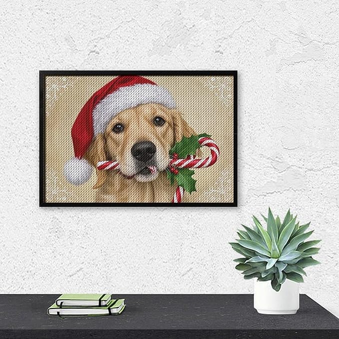 Diamond Painting Kits for Adults - Christmas Golden Retriever Puppy in Santa Hat with Candy Cane Painting DIY 5D Full Drill Diamond Dots Paintings with Diamonds Gem Art And Crafts Home Decor 8"x12"