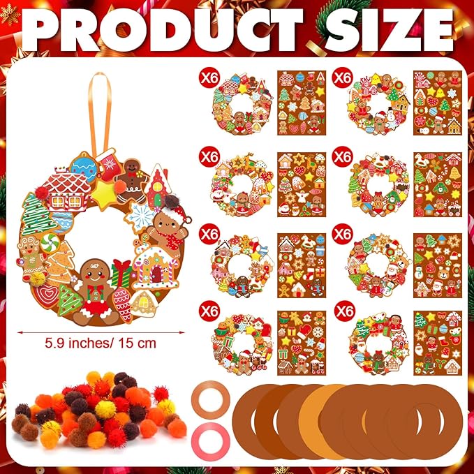 Hollowfly 48 Sets Christmas Wreath Craft Kits DIY Gingerbread Man Wreath Hanging Ornaments with Stickers for Christmas Xmas Party Supplies Favors Home Activities