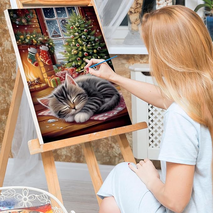 Bowetile Christmas Paint by Numbers for Adults Beginners Framed, Adults' Paint-by-Number Cat Kits on Canvas, Acrylic Number Painting Christmas Gifts for Home Wall Decor, 8x12in