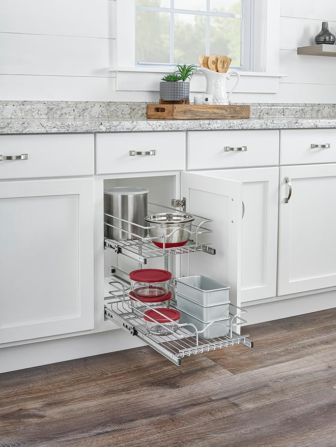Rev-A-Shelf 2-Tier Kitchen Cabinet Pullout Shelf and Drawer Organizer Slide Out Pantry Storage Basket in Multiple Sizes, 12 x 22 In, 5WB2-1222CR-1