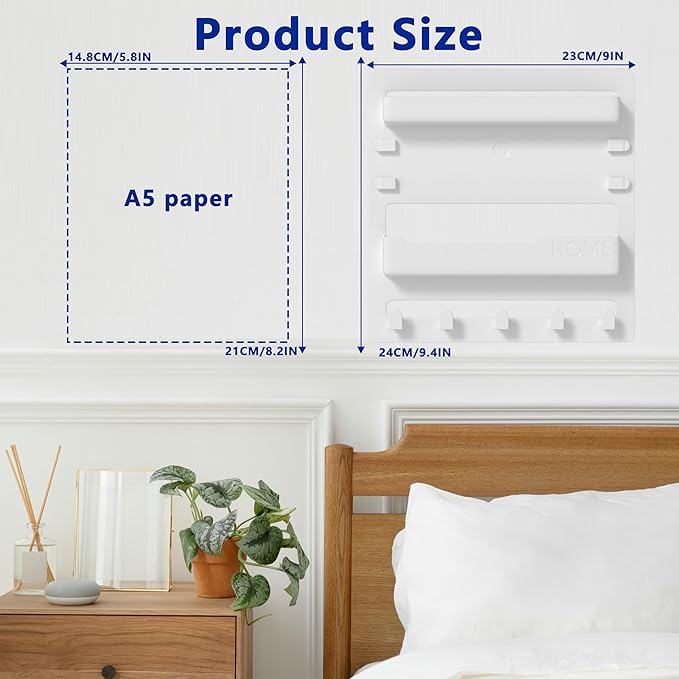 Bedside Shelf Wall Mount,Floating Bedside Adhesive Shelves Accessories,Wall Shelf Organizer and Storage for Bedroom,Camper,Dorm,Apartment-Phone,Earphone,Kindle,Remote Holder,Cable Clip,5 Hooks-White
