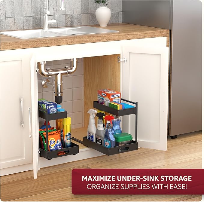 Sorbus Under Sink Organizer with Sliding Tracks – Pull Out Cabinet Organizer with Drawer & Installation Rails – Under Cabinet Bathroom Storage Organizer for Kitchen, Pantry, or Vanity –Black 1 Pack