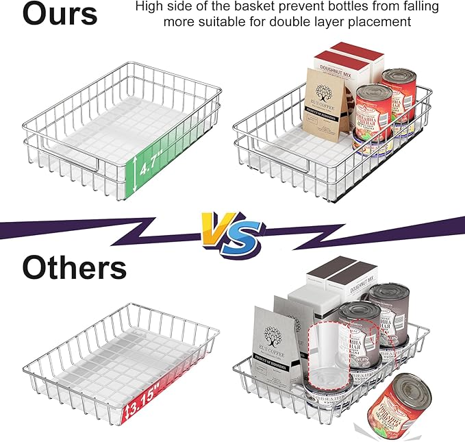 Pull out Cabinet Organizer, Stainless Steel 4-Pack Slide out Drawer with Silent Full-Extension Slides, Adhesive Roll out Can Spice Storage Basket Shelf Rack for Pantry, Kitchen, Bathroom, Home Closet