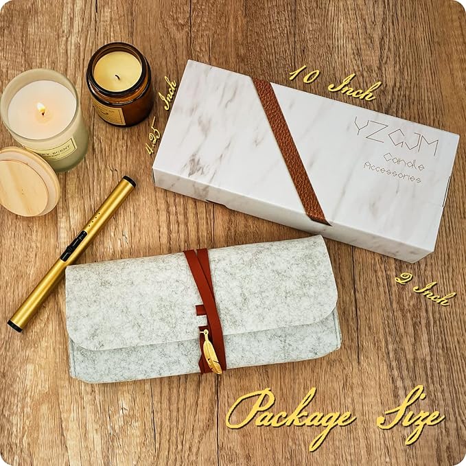 Exquisite Candle Accessories Tool Pack Bag, Rechargeable Electric Lighter， Wick Trimmer, Dipper, Snuffer and Tray Holder Elegant Kit Gift for Candle Lovers in Dating, Valentines Decor. ( Lemon Gold )