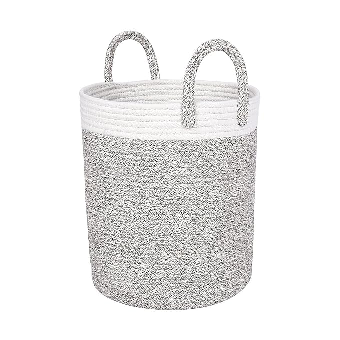 Large Rope Storage Basket - 15" x 13" Modern Shaped Soft Touch Basket - Woven Cotton Rope Organizer for Baby Nursery, Toys and Towels - Brown Color