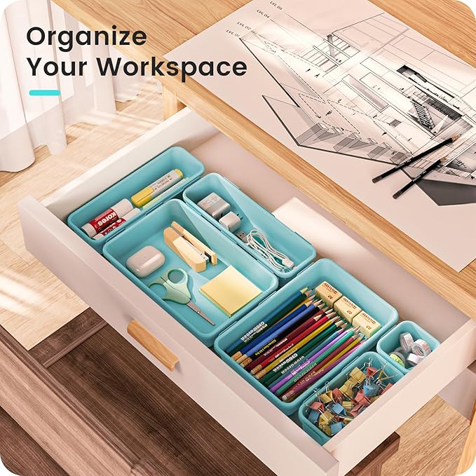 【𝟮𝟴𝗣𝗖𝗦】 【𝟱𝗦𝗶𝘇𝗲】 BlueGreen Drawer Organizer, Makeup organizer, 【Holds 177 Items】 Bathroom Organizers and Storage, Plastic Desk Organizer Divider, Organizer Bins for Office Vanity A-LUGEI