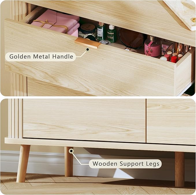 6 Drawer Dresser for Bedroom, Mid Century Modern Dresser with Curved Profile & Fluted Design, Wide Wood Chests of Drawers Storage for Bedroom, Entryway, Hallway, Oak