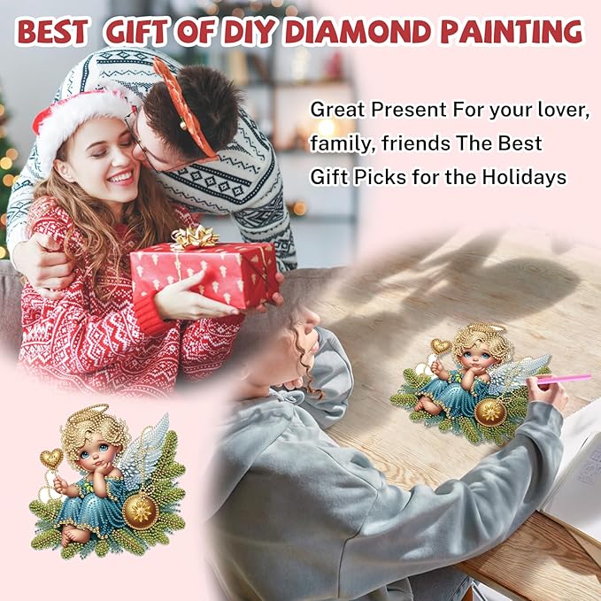Bowetile Christmas Diamond Art Hanging Kits for Adults, Diamond Art Suncatchers Angel, 5D Special Shape Diamond Painting Pendant Window Ornament Christmas Gifts for Home Door Wall Decor