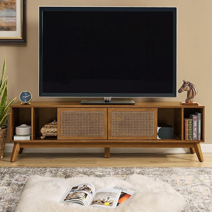 Amposei Mid Century Modern TV Stand Entertainment Center for 65/70/75 inch TVs, Sliding Rattan Door Wooden Console Storage Cabinet with Wood Legs for Living Room, Light Walnut