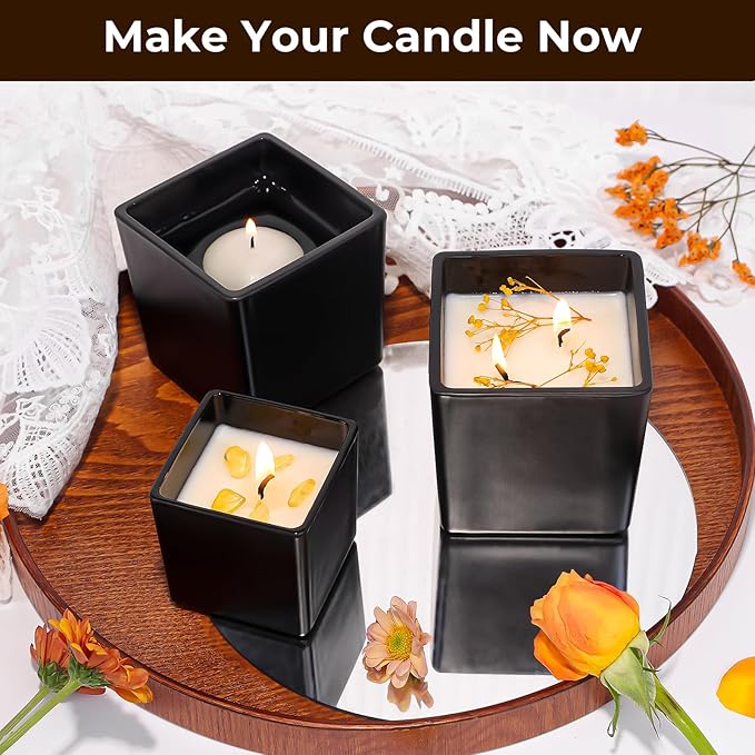 CONNOO 12 Pack 9oz, 3oz Matte Black Square Candle Jars for Making Candles, Thick Glass Bulk Empty Candle Containers with Airtight Bamboo Lids for Candle Making, Sticky Warning Labels - Dishwasher Safe