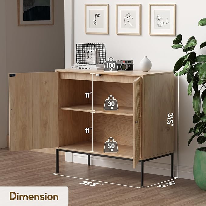 XIAO WEI Sideboard Buffet Cabinet with 2 Natural Rattan Decorated Doors, 31.5" W Accent Rattan Cabinet, Boho Credenza Storage Cabinet, for Living Room Dining Room Hallway, Metal Legs, Natural
