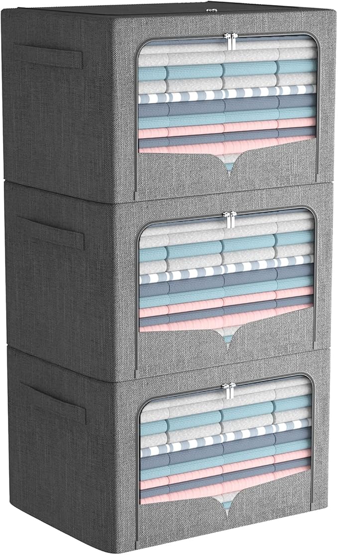 FHSQX 3 Pack Clothes Storage Bins - Foldable Metal Frame Storage Box - Stackable Linen Fabric Container Organizer Set with Carrying Handles and Clear Window (Dark Gray, 19.7x15.7x13inch(66L))