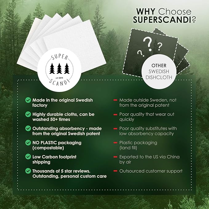SUPERSCANDI 5 Pack Swedish Dishcloths for Kitchen - 100% Biodegradable & Compostable Reusable Paper Towels Washable, Food-Safe & Without Plastic - Dish Rags for Any Surface, Line Knitting Black